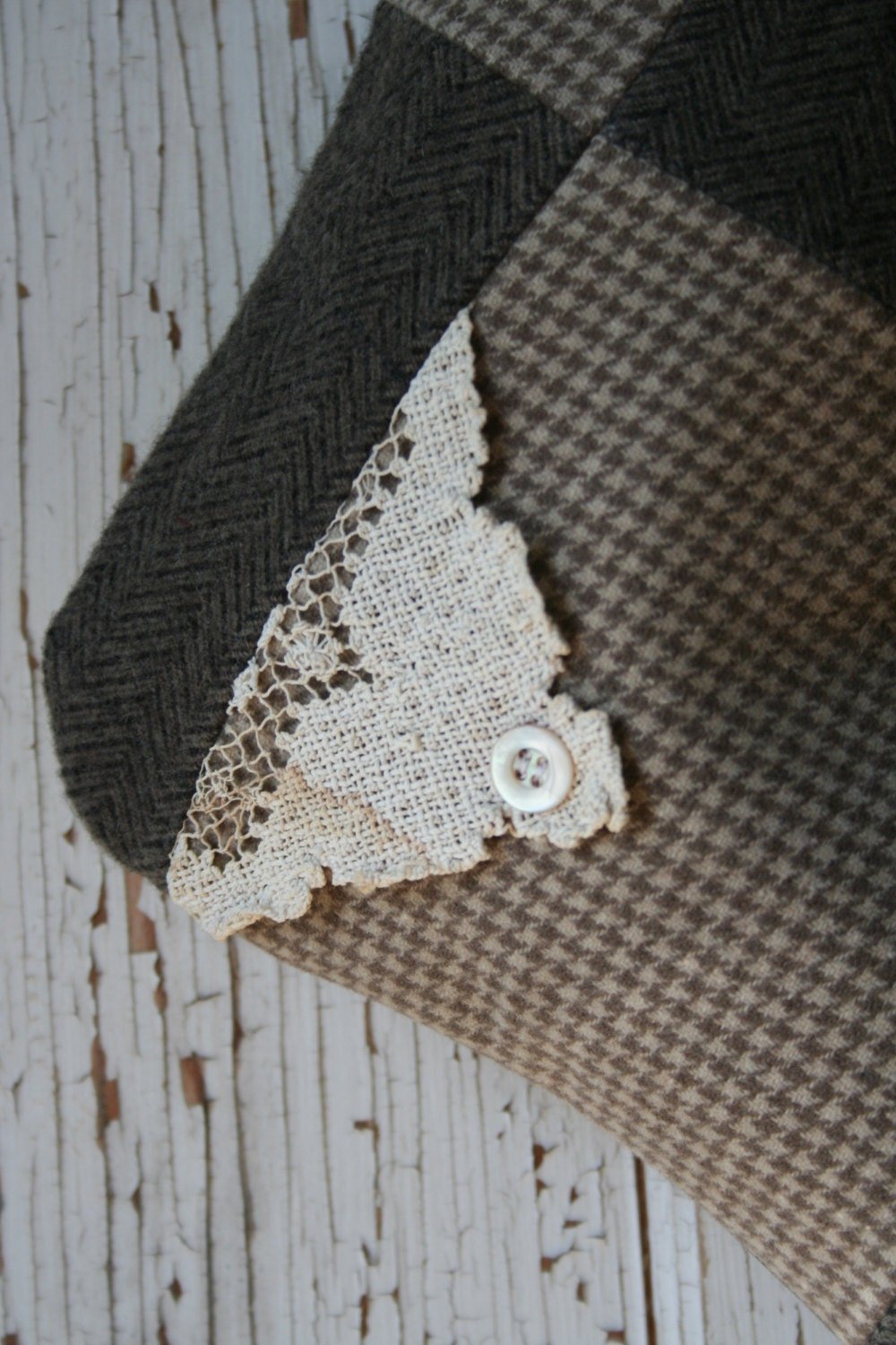 Wool Tweed Patchwork CHRISTMAS Stocking - Lace, Hounds Tooth - Handmade