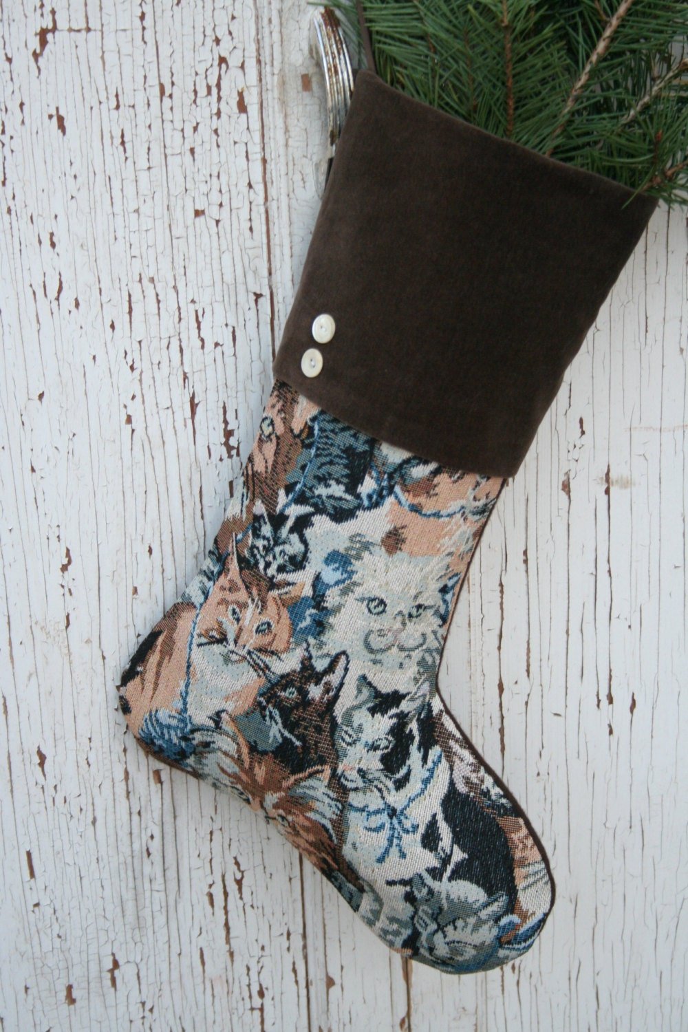 Kitty Cat CHRISTMAS Stocking, Velvet Cuff, Tapestry - Fundraiser