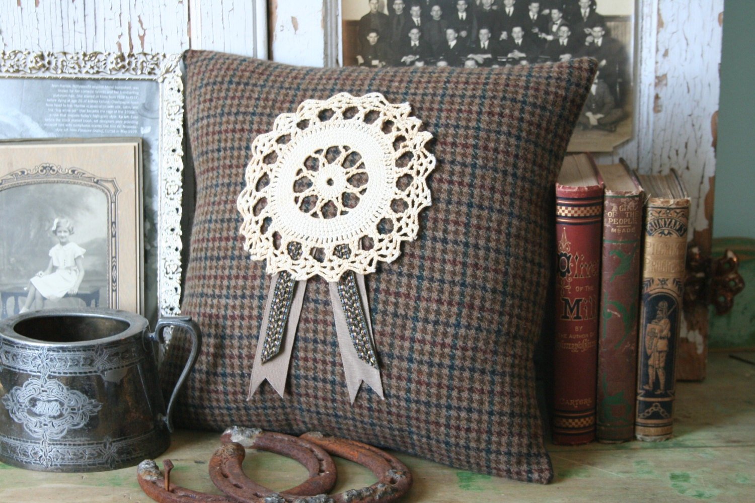 Tweed and Lace PILLOW COVER - Recycled Wool, Handmade, Eco-Friendly Decor