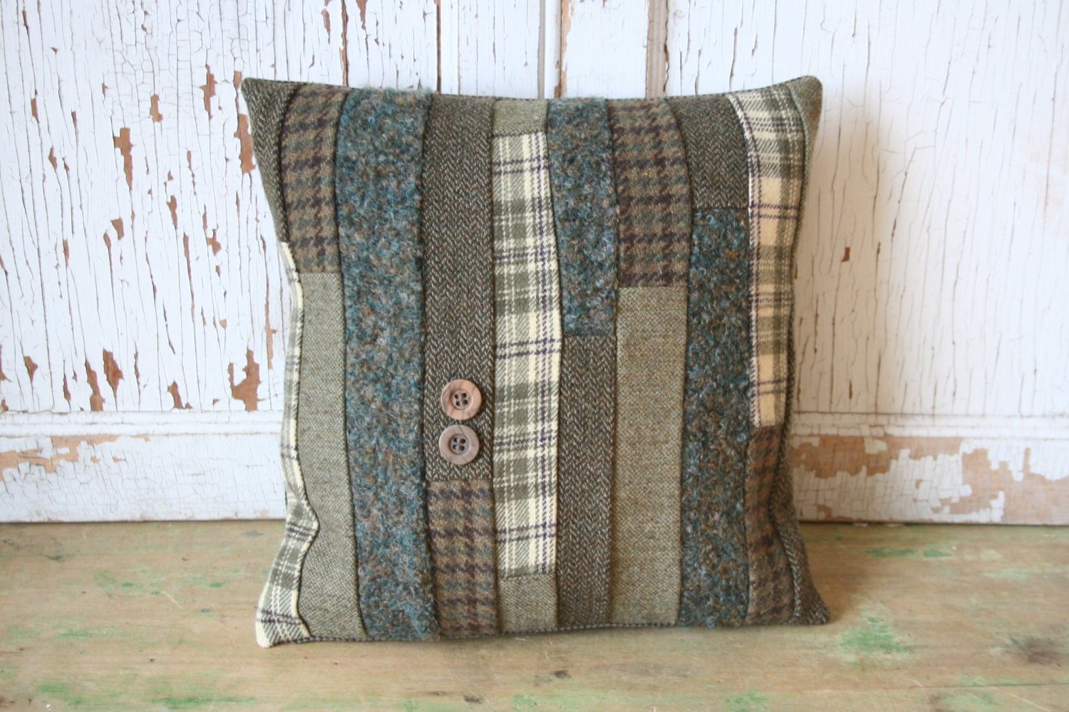 Green Wool Tweed Patchwork PILLOW COVER - Recycled, Handmade, Sustainable Decor