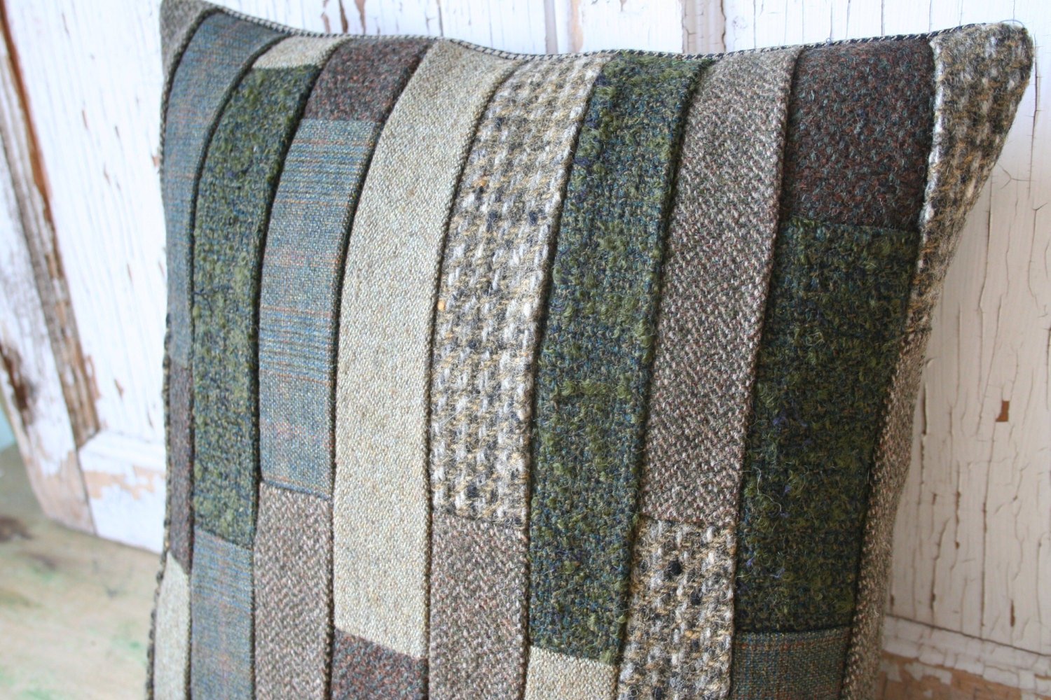 Wool Tweed Patchwork PILLOW COVER - Green, Recycled, Handmade, Eco-Friendly Decor