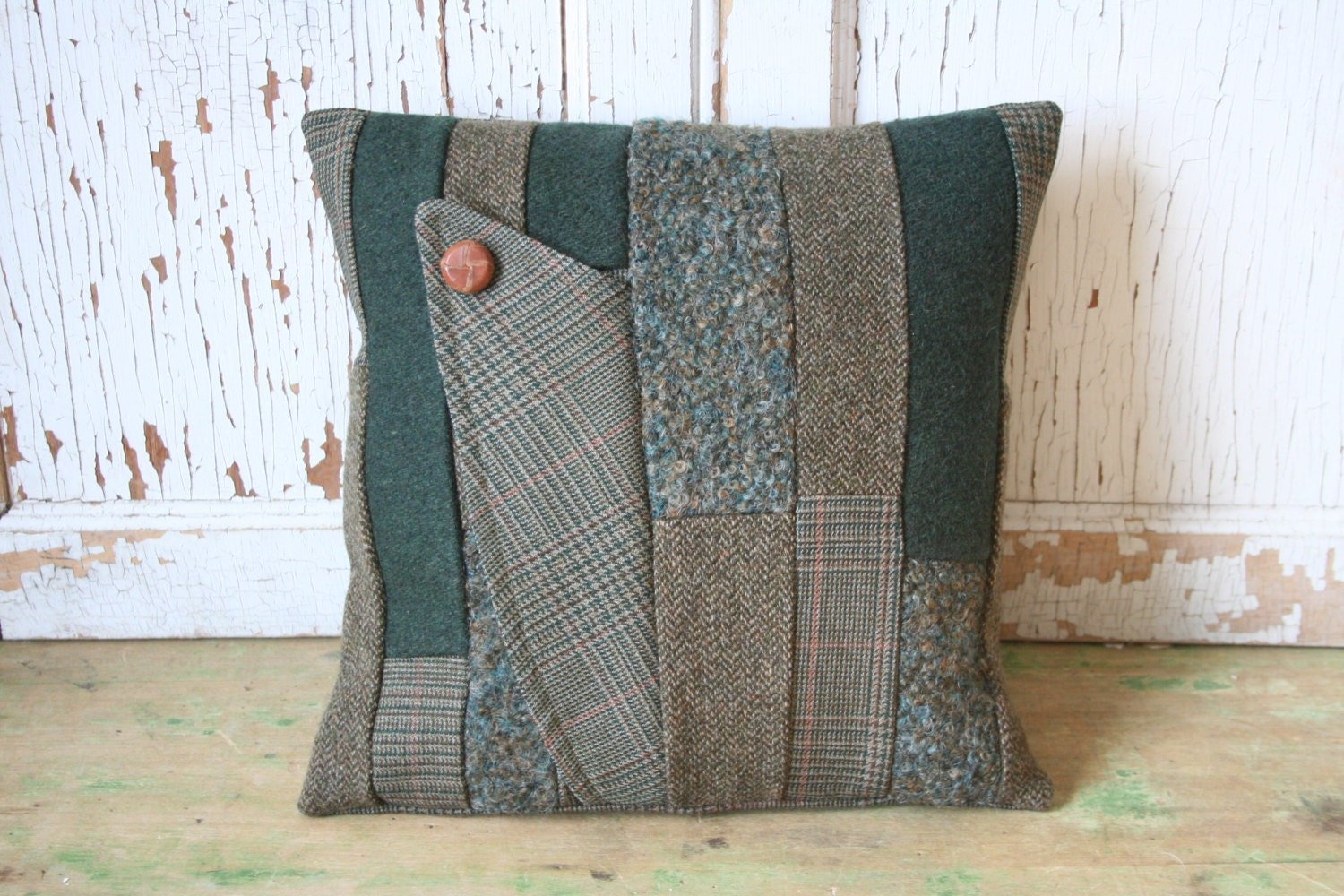 Green Wool Tweed Patchwork PILLOW COVER, Handemade, Recycled, Eco-Friendly Decor