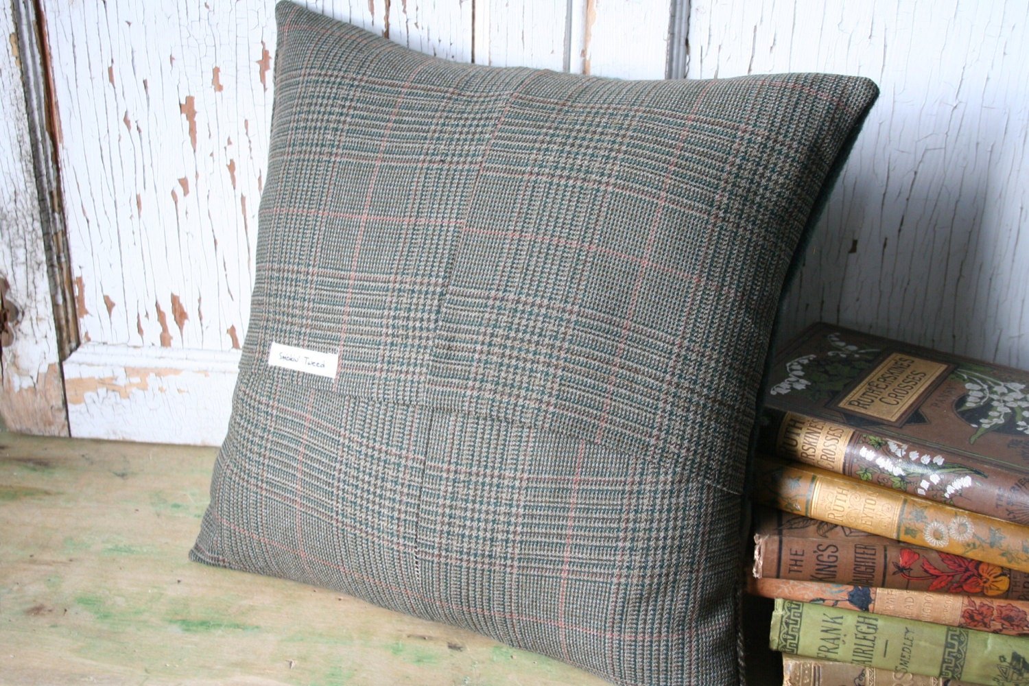 Green Wool PILLOW COVER, Handmade, Patchwork, Eco-Friendly, Recycled
