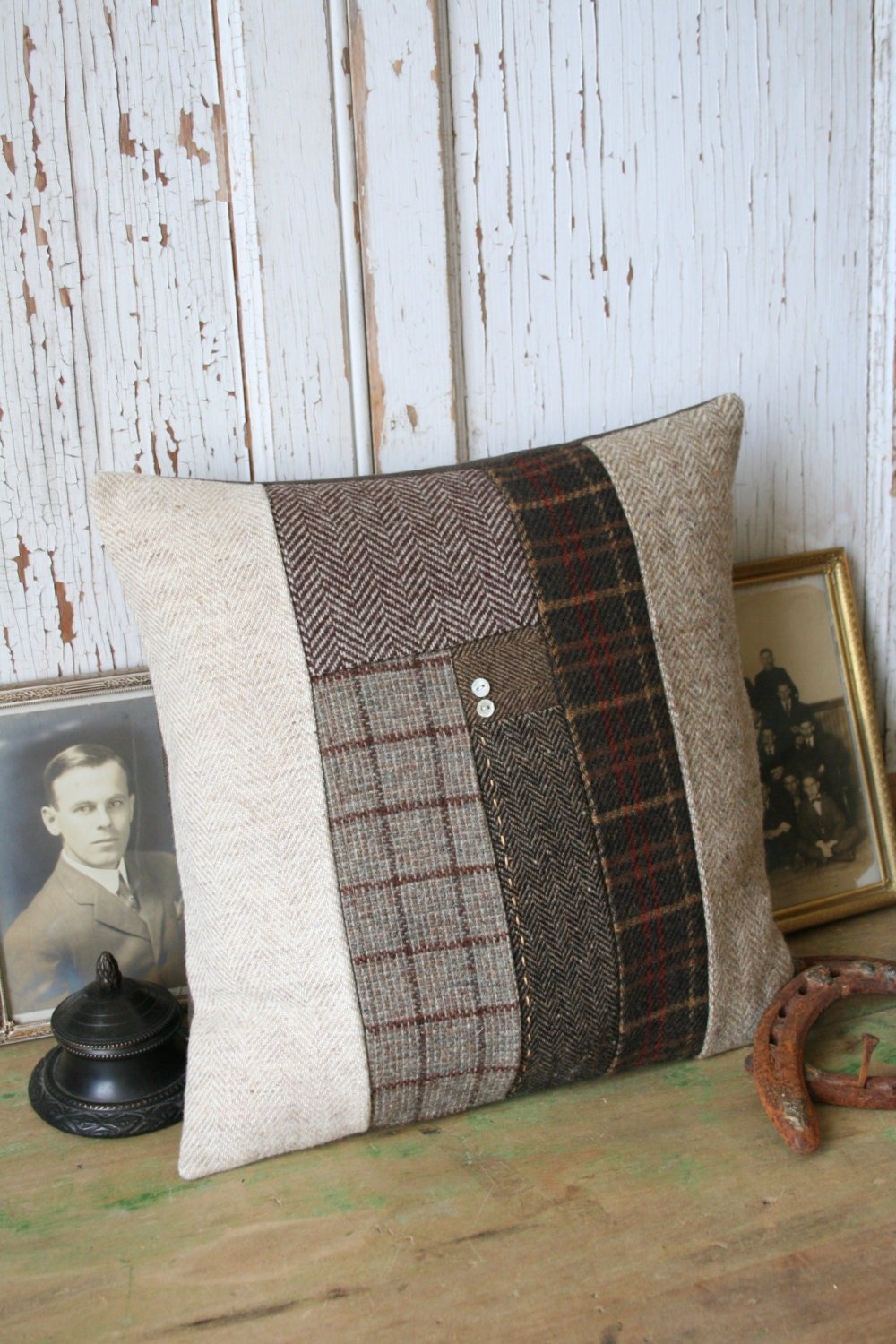 Recycled Wool Patchwork PILLOW COVER, Brown Tweed, Handmade, Eco-Friendly Decor