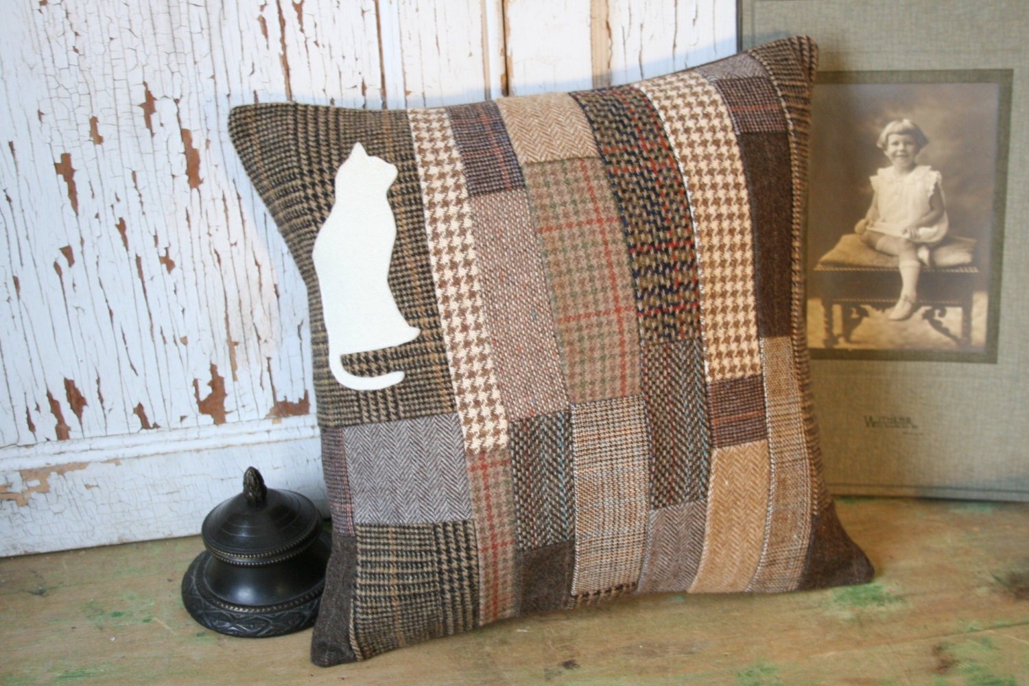 Cat Pillow Cover - Patchwork Wool Tweed Herringbone, Recycled, Handmade