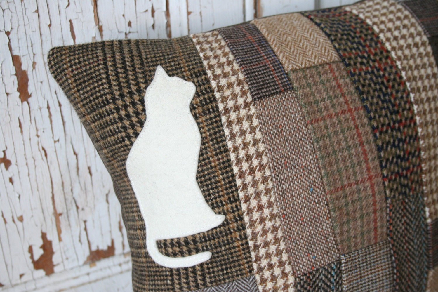 Cat Pillow Cover - Patchwork Wool Tweed Herringbone, Recycled, Handmade