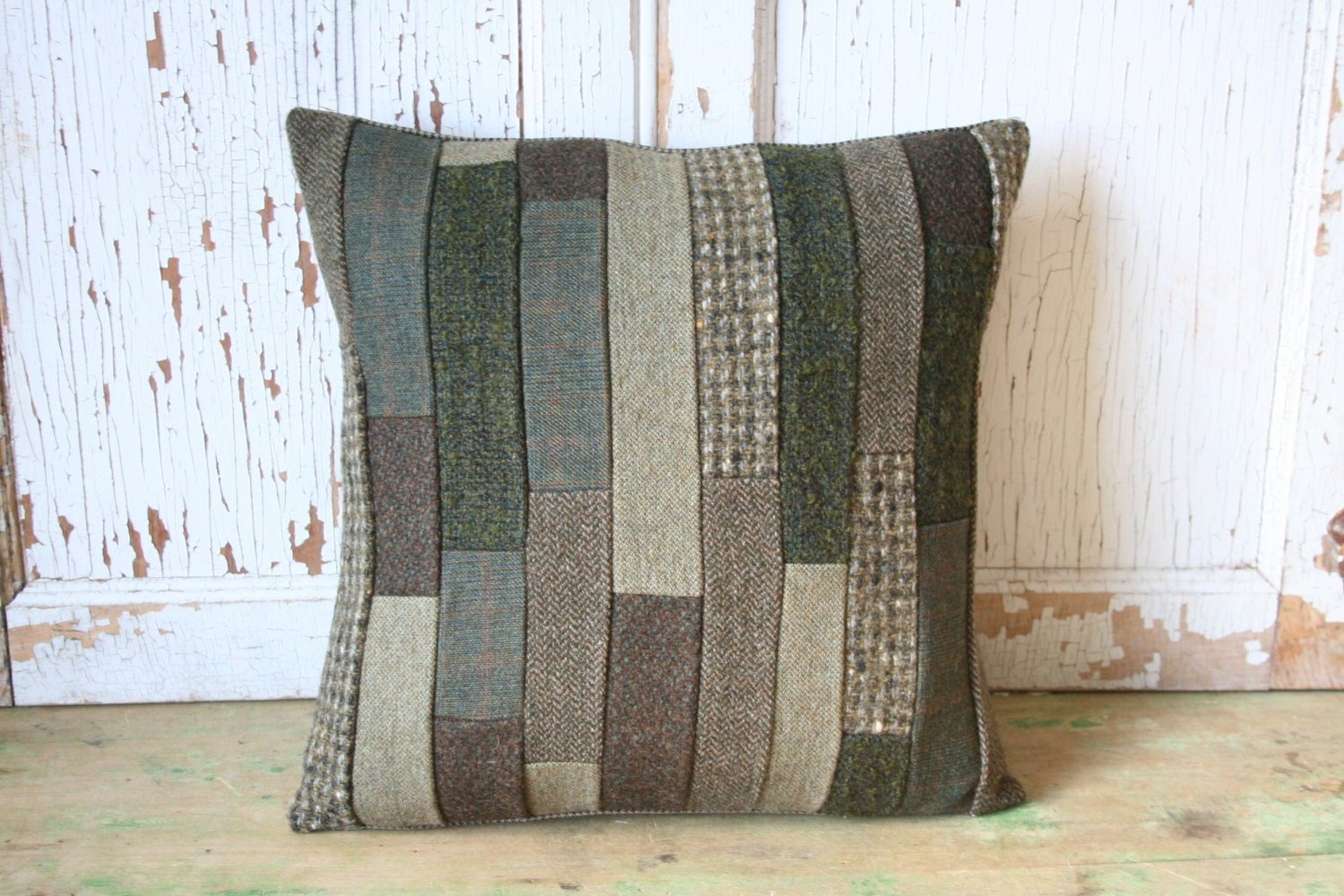 Wool Tweed Patchwork PILLOW COVER - Green, Recycled, Handmade, Eco-Friendly Decor