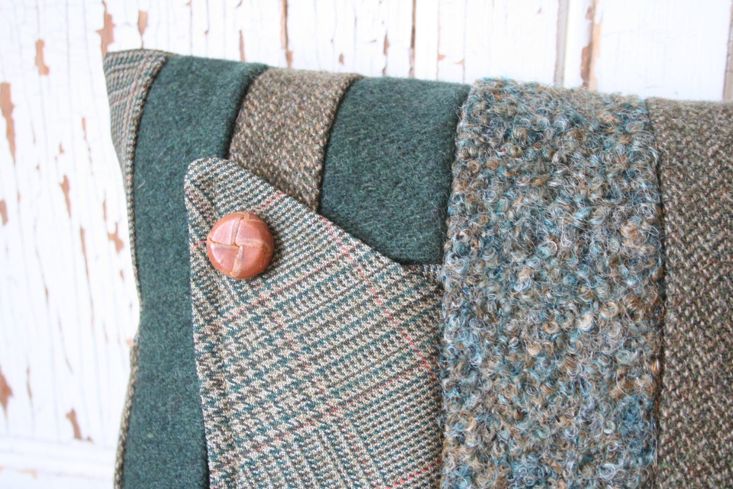 Green Wool Tweed Patchwork PILLOW COVER, Handemade, Recycled, Eco-Friendly Decor