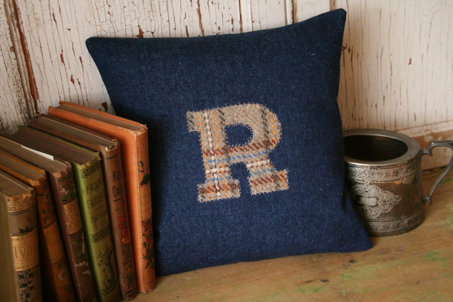 DENIM Monogram R PILLOW COVER Wool Tweed, Recycled, Handmade, Eco-Friendly Decor