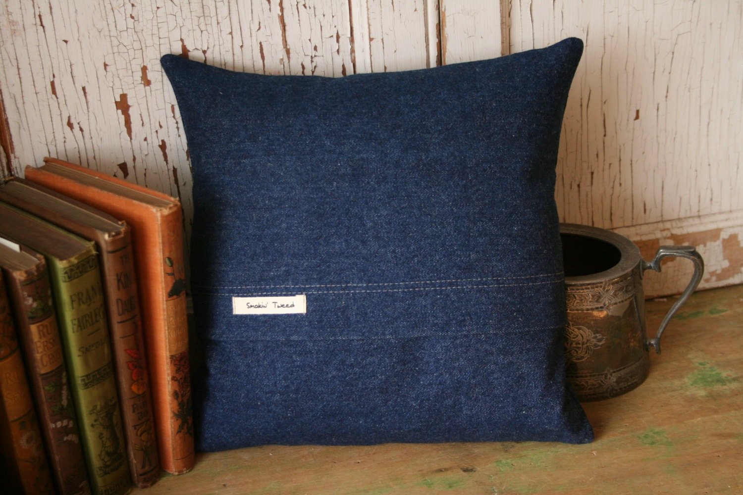 DENIM Monogram R PILLOW COVER Wool Tweed, Recycled, Handmade, Eco-Friendly Decor