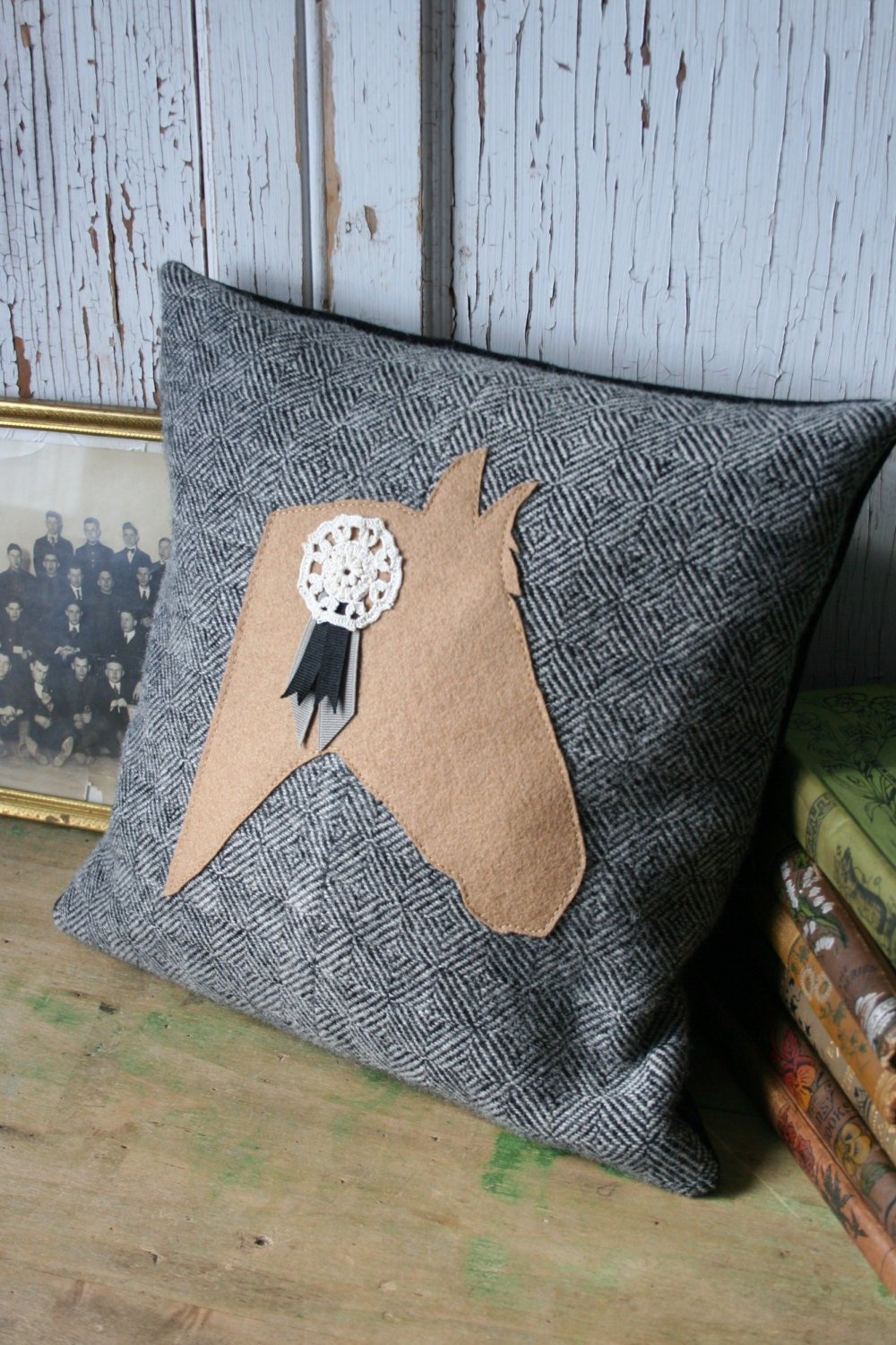 Equestrian Horse PILLOW COVER- Recycled Wool, Gray Herringbone, Vintage Lace