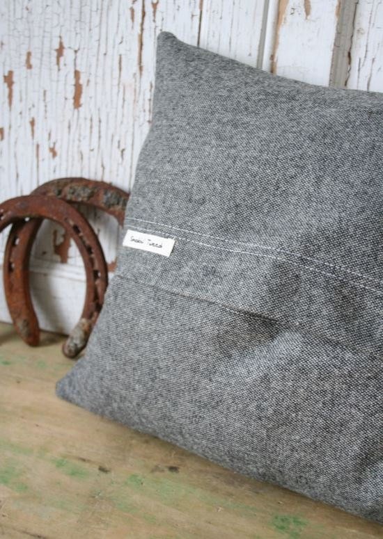 Equestrian Horse PILLOW COVER, Recycled Wool, Herringbone, Gray, Vintage Lace