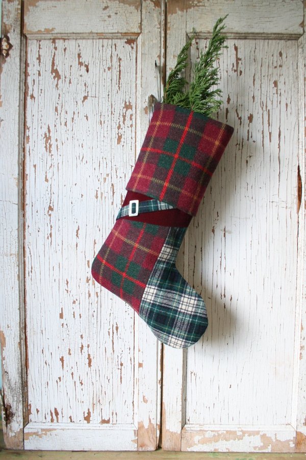 Raspberry Tweed Plaid CHRISTMAS STOCKING w/ Mother Of Pearl BUCKLE - No. 2, Handmade, Art Deco