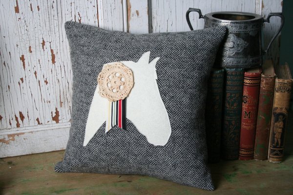Equestrian Horse PILLOW COVER, Recycled Wool, Gray Tweed, Vintage Lace