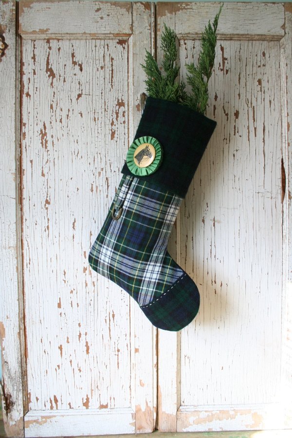 Tartan Plaid Equestrian CHRISTMAS STOCKING, with Prize Ribbon Rosette, Horse