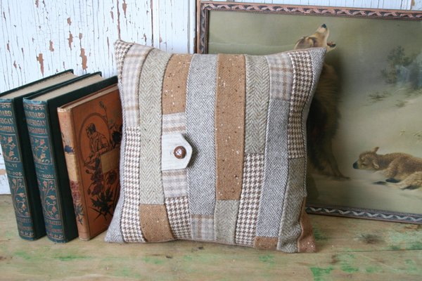 Camel Wool Tweed Patchwork PILLOW COVER, Recycled, Handmade, Eco-Friendly