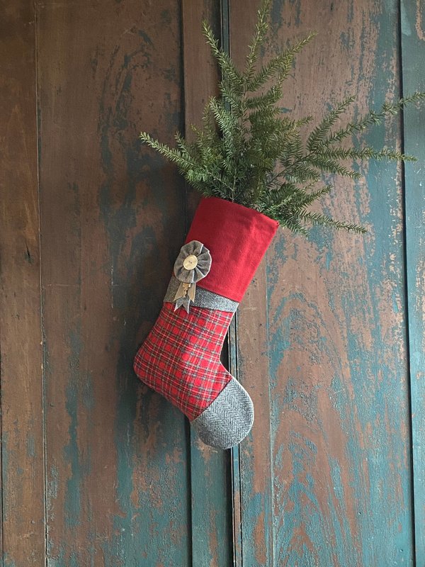 Tartan Plaid CHRISTMAS STOCKING, with Herringbone, Vintage Key, Handmade, Recycled