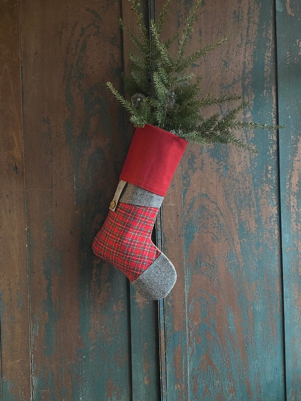 Tartan Plaid CHRISTMAS STOCKING, with Herringbone, Military Button, Handmade, Recycled