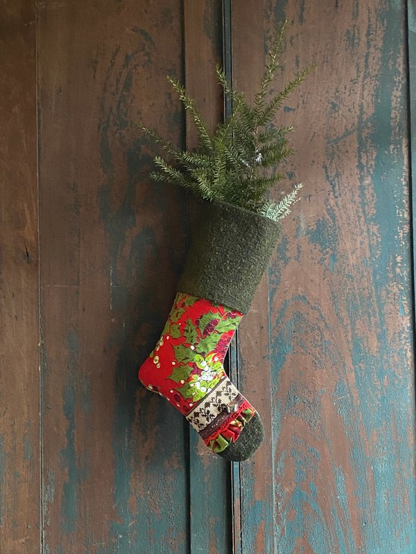 Vintage Floral Christmas STOCKING, Jingle Bell, Handmade, Recycled