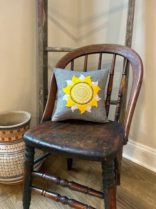 Sunshine Medallion Boho Wool Tweed PILLOW, Recycled, Vintage Lace Eco-Friendly Décor