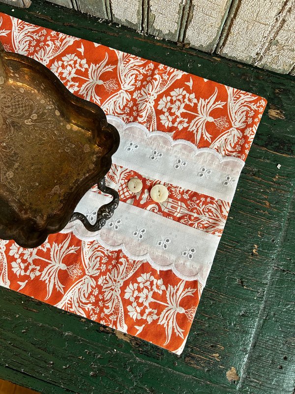 Handmade Dresser Scarf, Table Runner, Orange Botanical Style Floral w Eyelet Lace