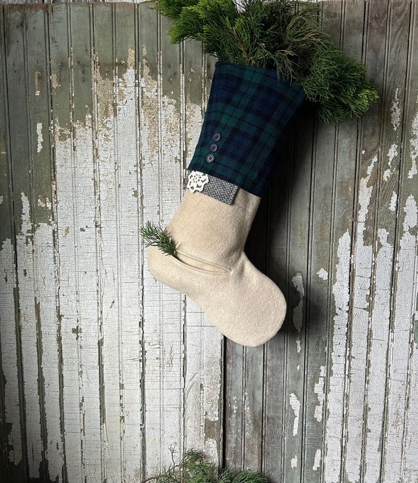 Green Tartan Christmas Stocking with Pocket, Vintage Fabrics