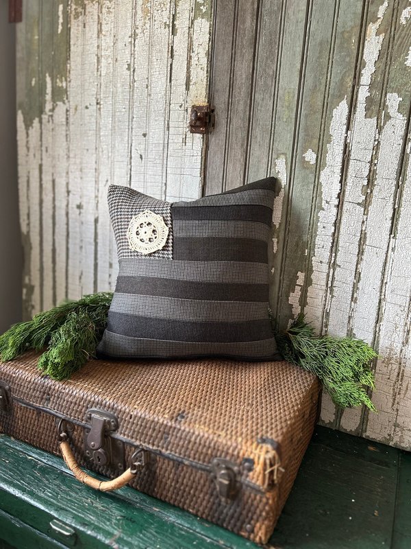 American Flag pillow, recycled wool tweed, houndstooth, neutral colors, earth tones, vintage lace, gray, brown, olive green