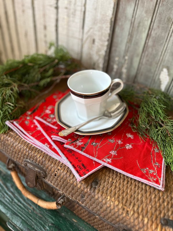 Red Asian Print Fabric Napkins, Set of 6