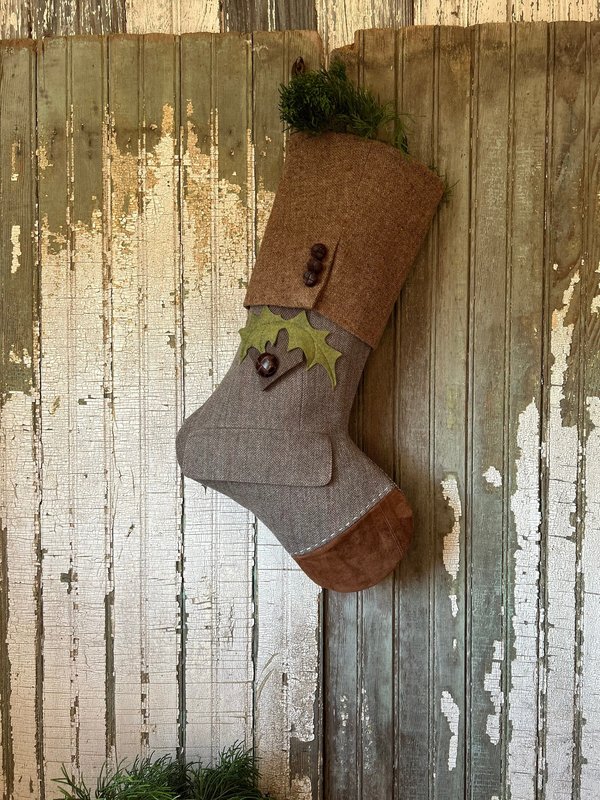 Wool Tweed Christmas Stocking with Holly Leaves