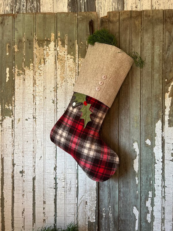 Lumberjack Plaid Christmas Stocking with Holly Leaves