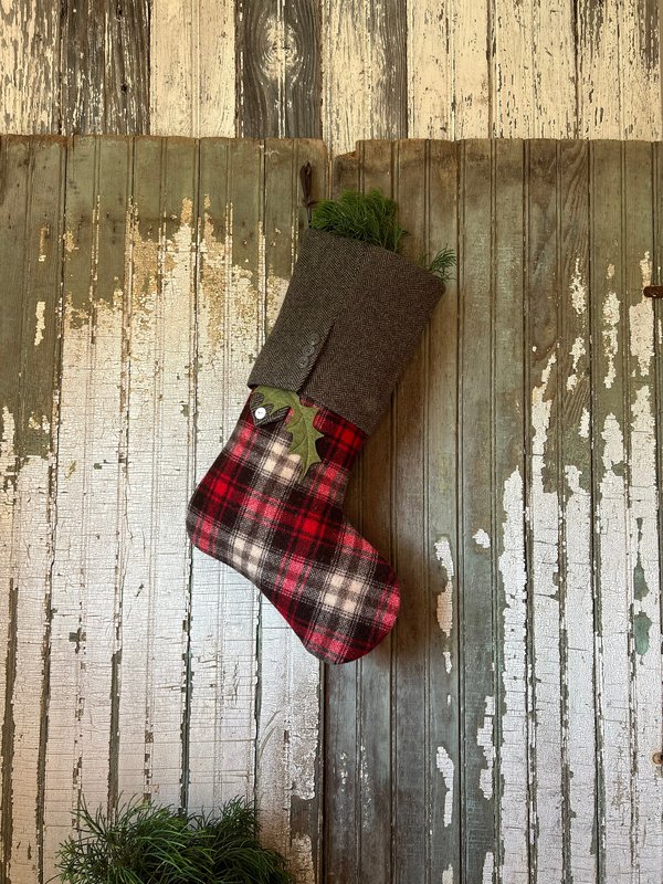 Lumberjack Plaid Stocking with Holly Leaves