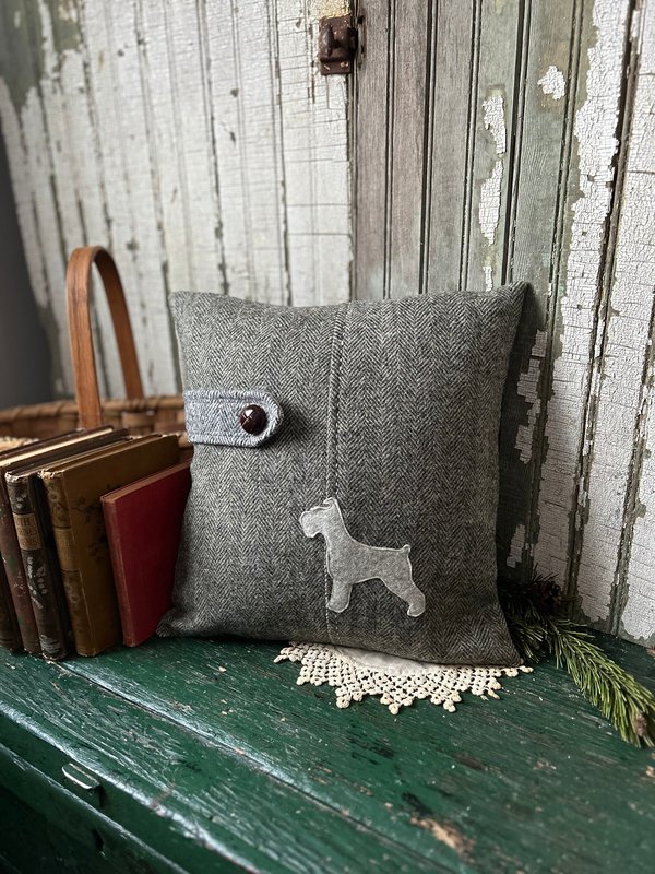 Schnauzer Dog Tweed Pillow, Gray Herringbone, Recycled Materials