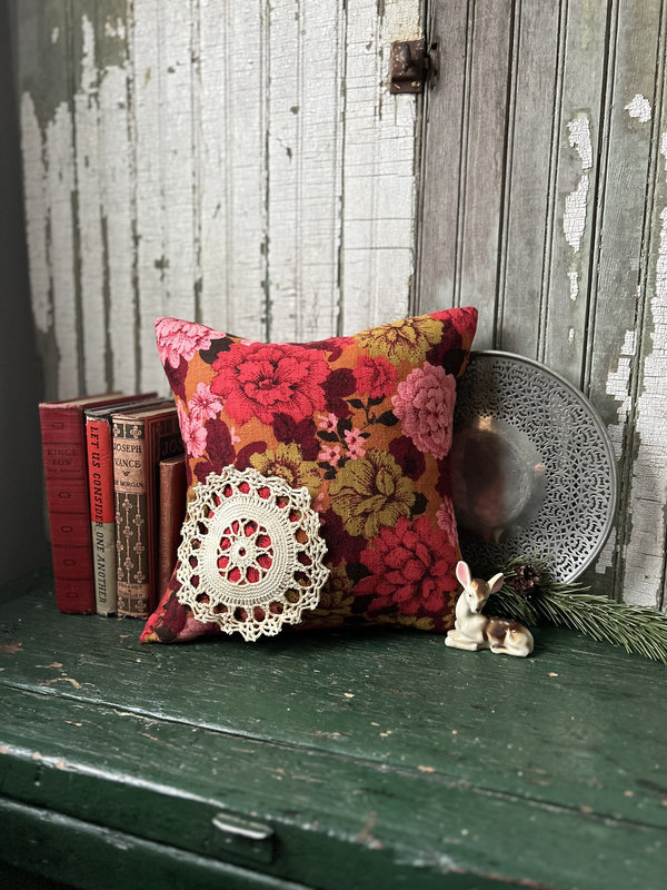 Romantic Red Floral Pillow, Vintage Barkcloth Fabric, Lace, Valentine's Day