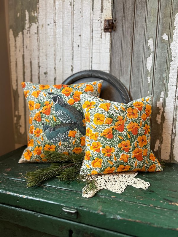 Yellow Poppies, Quail Linen Pillows, Upcycled Materials, Spring Summer Decor