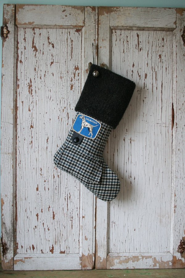 Dalmatian Dog Christmas STOCKING, Hounds Tooth Wool, Jingle Bell, Handmade, Dog Lover, Sustainable, Recycled