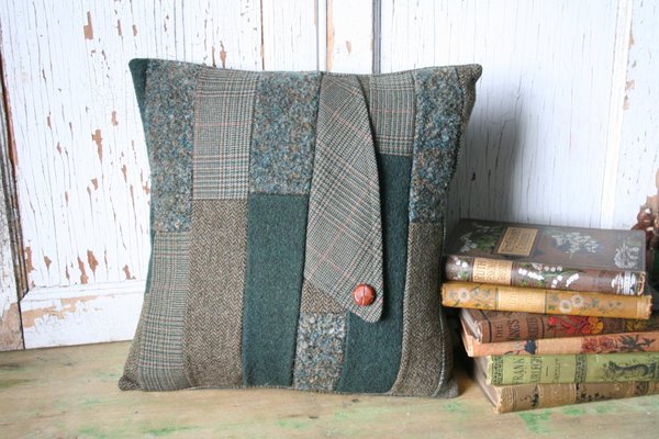 Green Wool PILLOW COVER, Handmade, Patchwork, Eco-Friendly, Recycled