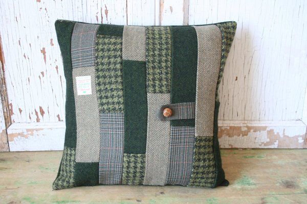 Green Wool Tweed Patchwork PILLOW COVER - Recycled, Handmade, Eco-Friendly Decor