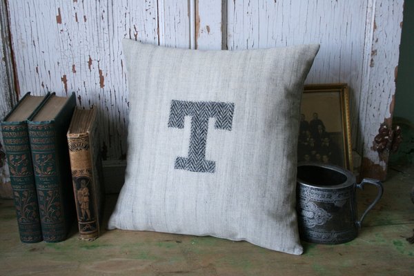 Monogram T PILLOW COVER Flax Cotton, Wool Tweed, Herringbone, Recycled, Eco-Friendly Decor